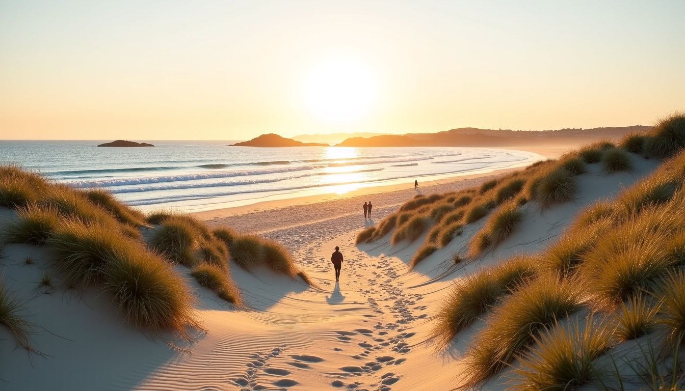Plage de Saint-Jean à Douarnenez en Bretagne, avec dunes et sentier côtier au premier plan