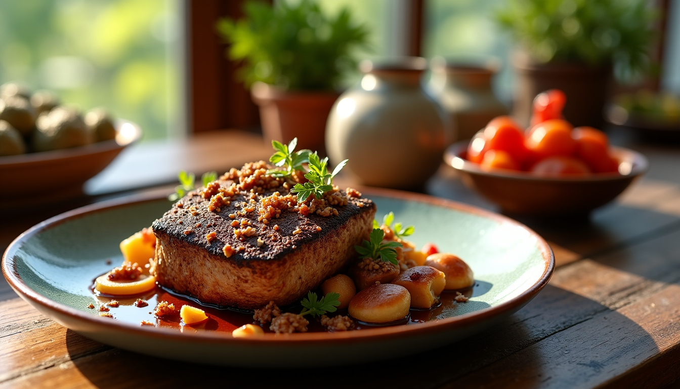 Plat signature du Chef Jérôme Lebeau: côte de veau fumée en croûte de morilles, accompagnée d