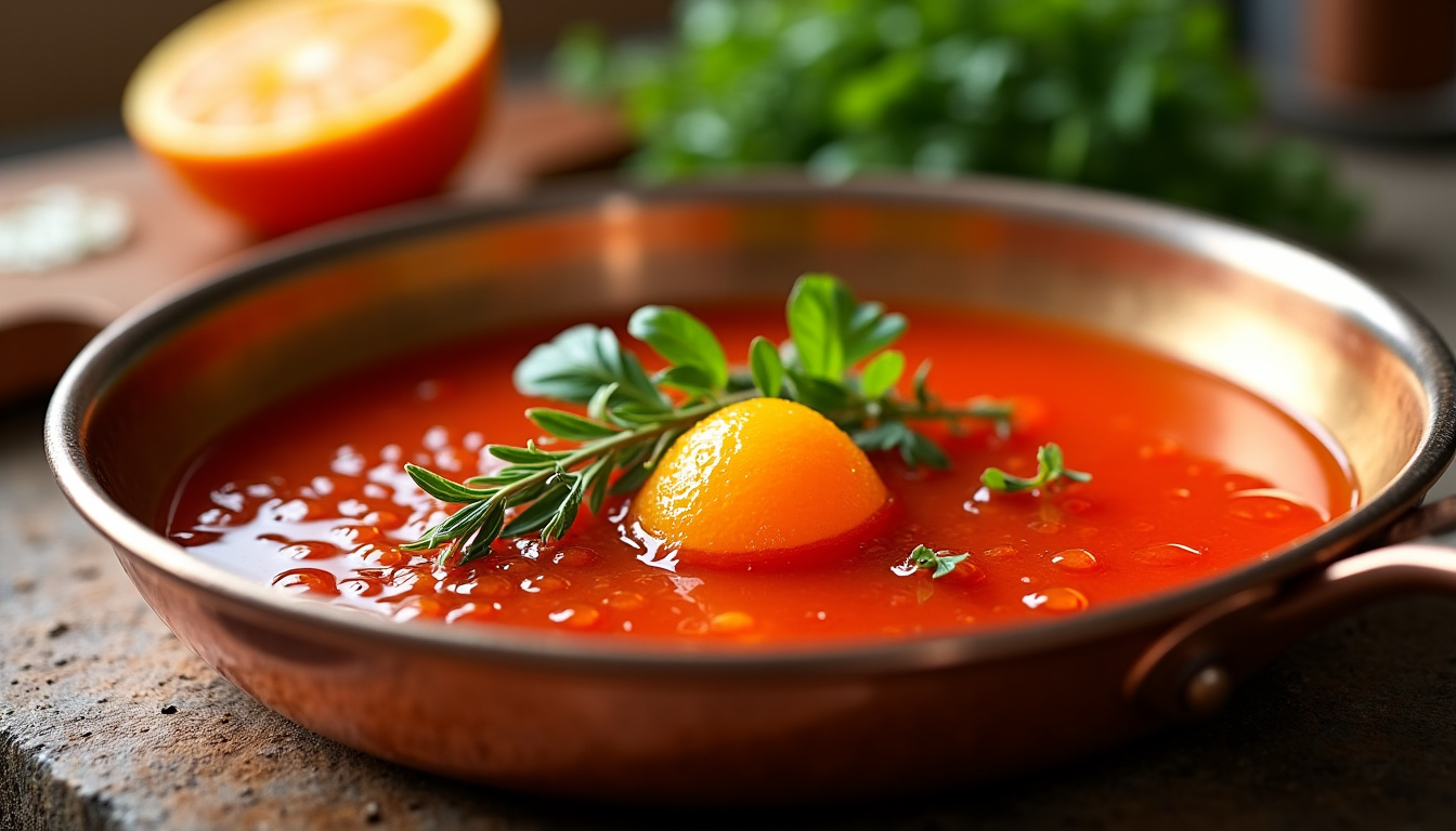 Préparation de la sauce rouge-orangée pour court-bouillon de vivaneau dans une sauteuse