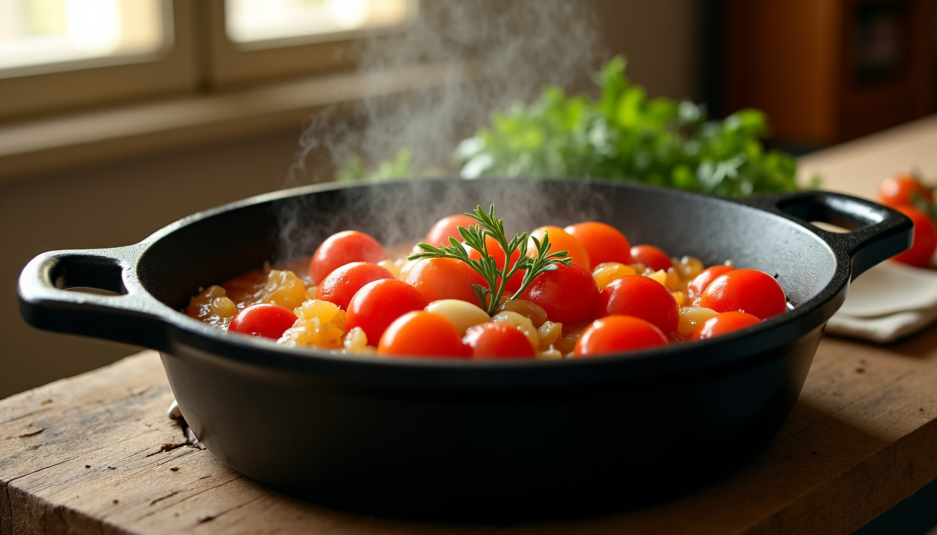 Préparation de la souffriture avec oignon, ail, tomate et thym dans une cocotte