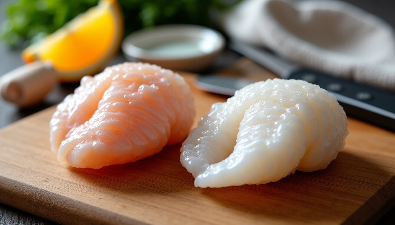 Préparation de lambi frais et surgelé sur une planche à découper, montrant les différences de texture et de nettoyage