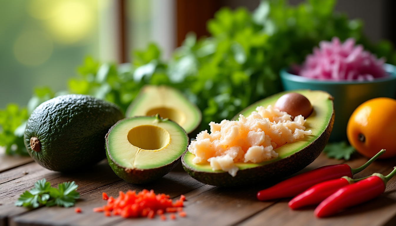 Présentation des ingrédients traditionnels du féroce d’avocat: avocats, morue dessalée, piment, citron vert, oignons et herbes fraîches