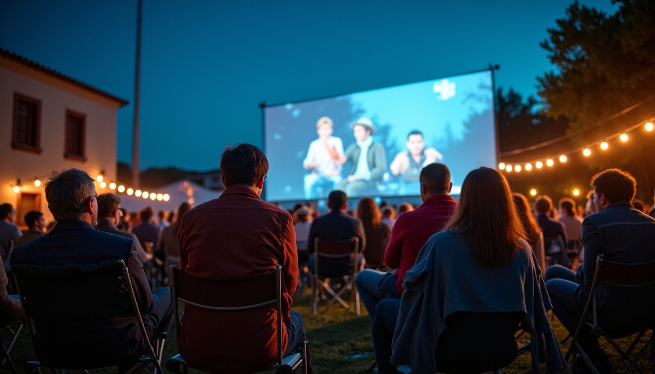 Projection de film en plein air à Saint-Barth avec public installé sur des chaises pliantes sous les étoiles