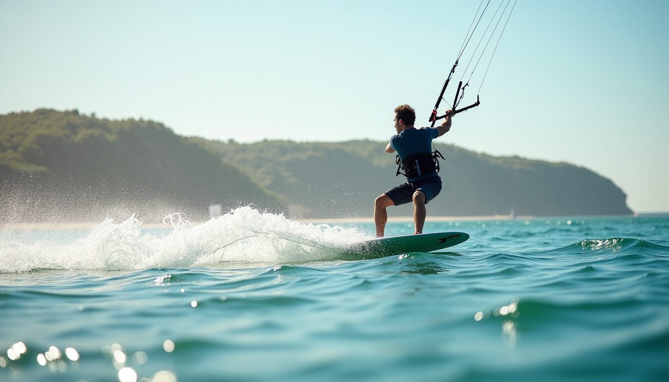 Rider en kitesurf sur le plan d’eau de Saint-Pierre-la-Mer, entouré de collines verdoyantes et sous un ciel dégagé