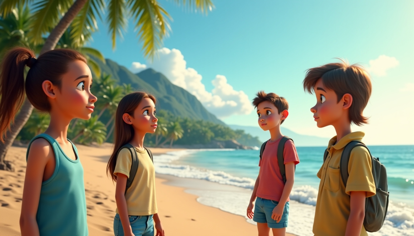 Scène de la série Bienvenue à Coccoloba avec les personnages principaux sur une île tropicale