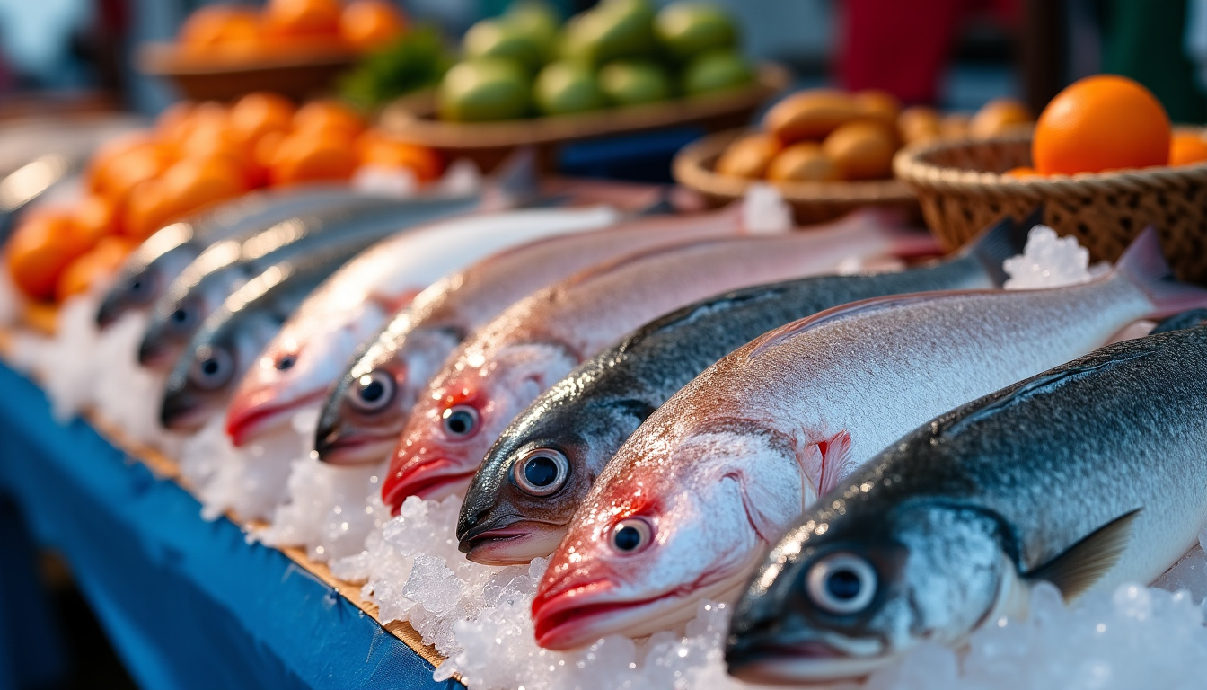 Sélection de poissons frais pour la préparation du blaff de poisson sur un étal de marché