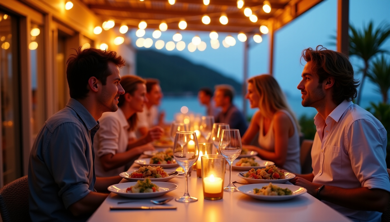 Soirée animée à Fish Corner avec clients en train de dîner en extérieur à Saint-Barth