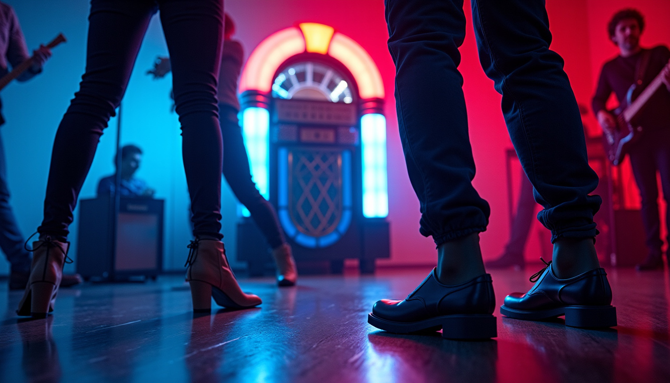 Spectacle BLUE SUEDE SHOES sur scène, avec un jukebox lumineux et des musiciens en action dans une ambiance rétro