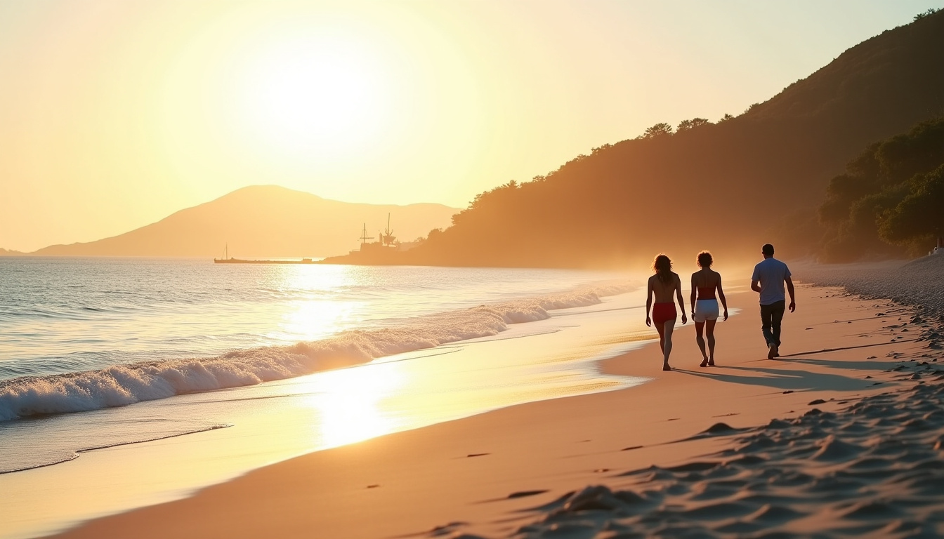 Touristes profitant de la Plage des Flamands tôt le matin, avec peu de monde et une lumière douce
