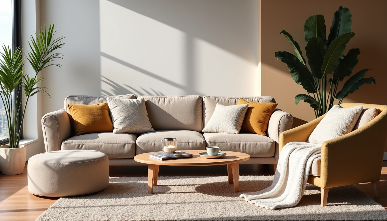 Un salon élégamment décoré avec des coussins, rideaux et nappes personnalisés signés Ilonacre, montrant un intérieur chaleureux et personnalisé