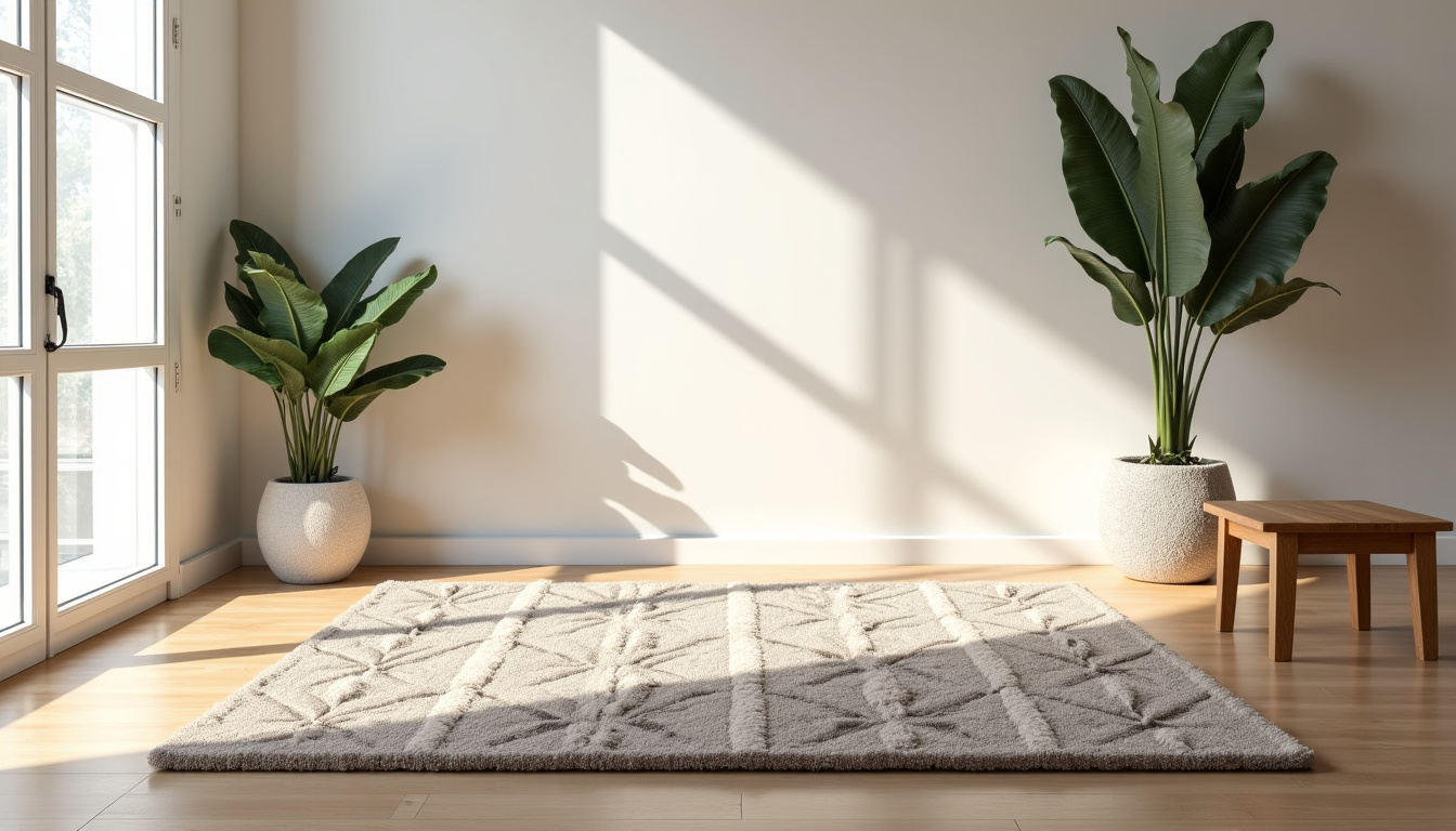 Un tapis tufté aux motifs géométriques complexes, réalisé par Manon Gréaux et Mikaël Chateauraynaud, exposé dans un intérieur lumineux