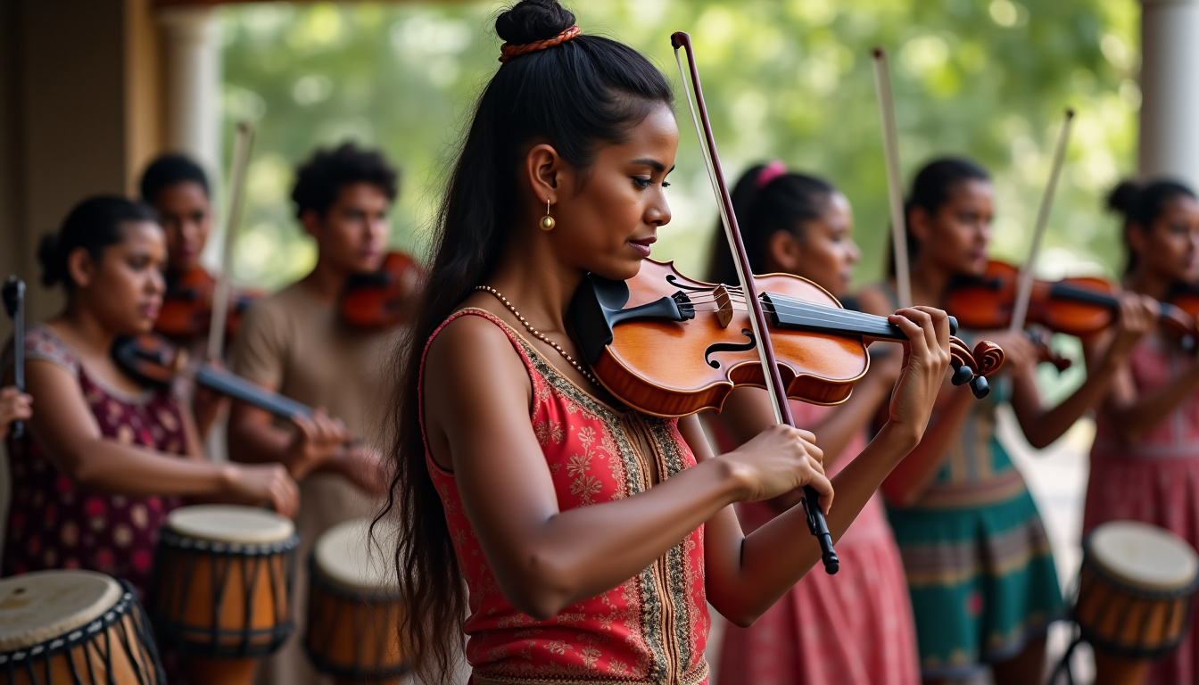 Violoniste jouant dans un orchestre traditionnel martiniquais, entouré de percussionnistes