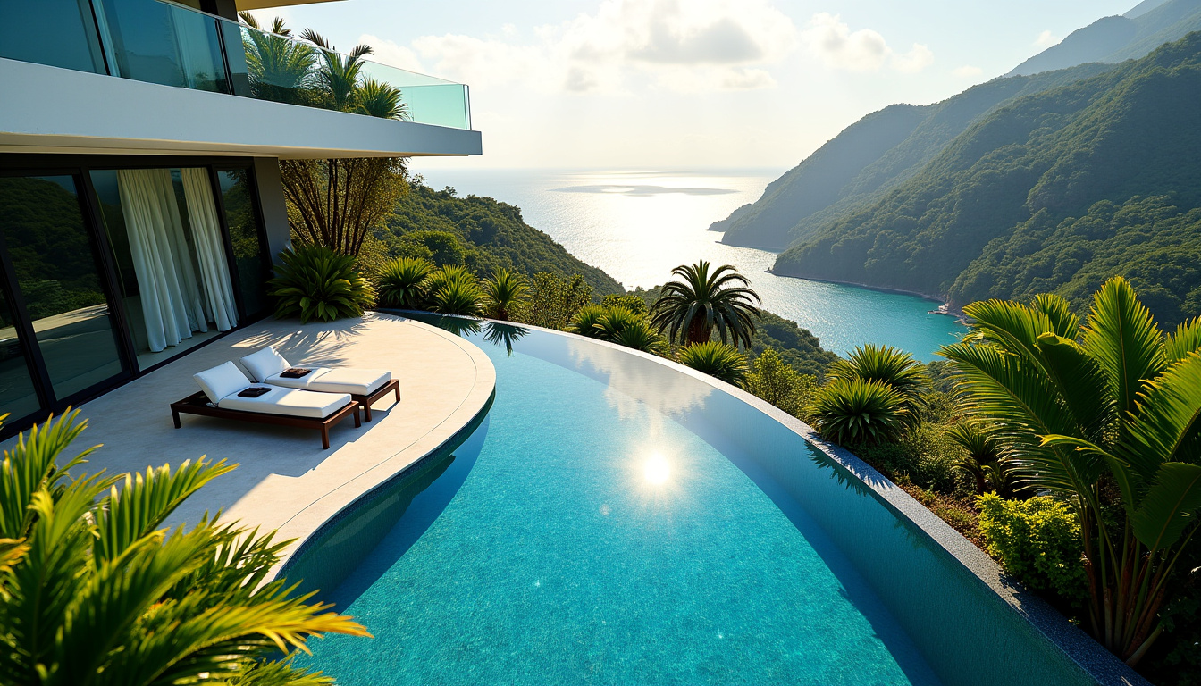 Vue d’une villa moderne avec piscine située à proximité de la Plage des Flamands, entourée de végétation luxuriante