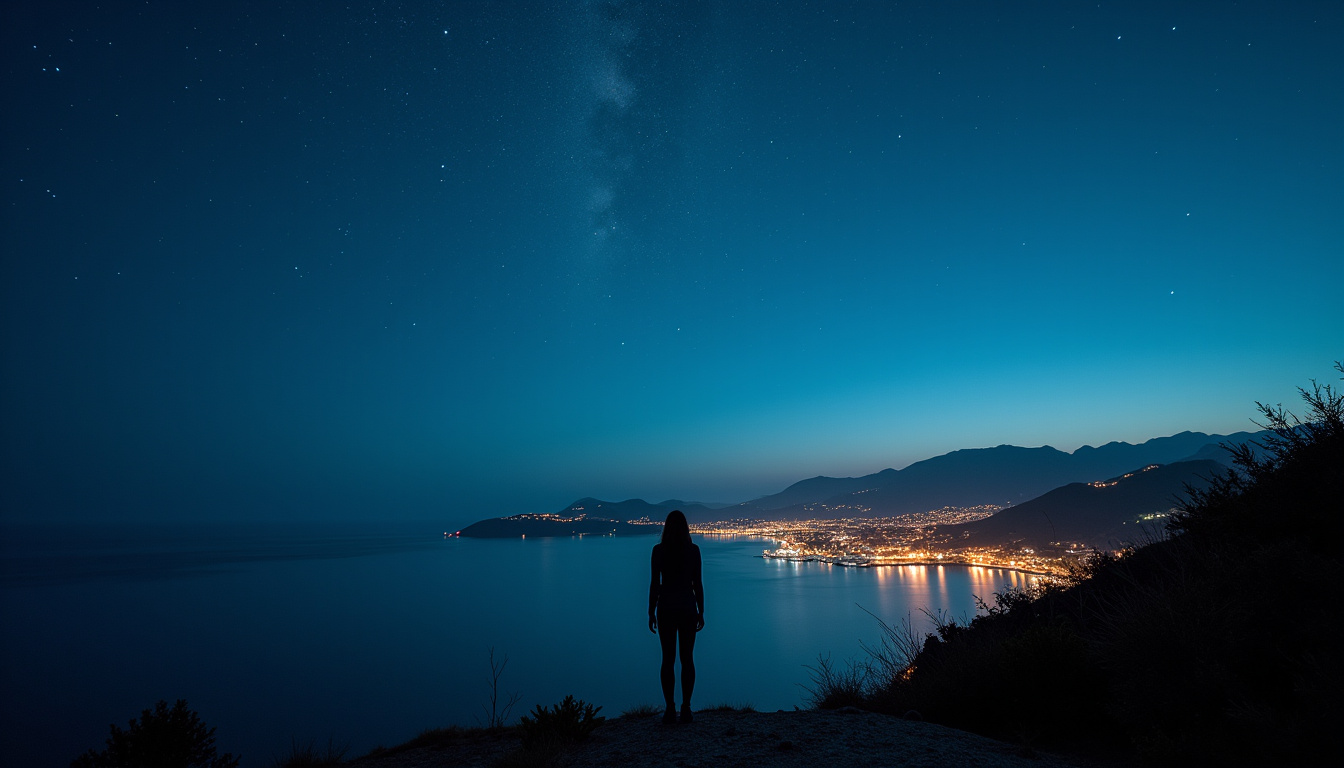 Vue nocturne de Saint-Barth avec un ciel étoilé, une silhouette observant les étoiles depuis une colline, en harmonie avec la nature environnante