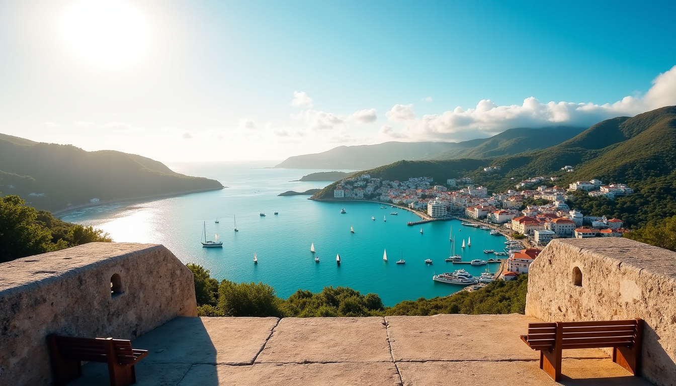 Vue panoramique depuis le Fort Gustaf sur la ville de Gustavia et son port animé à Saint-Barthélemy