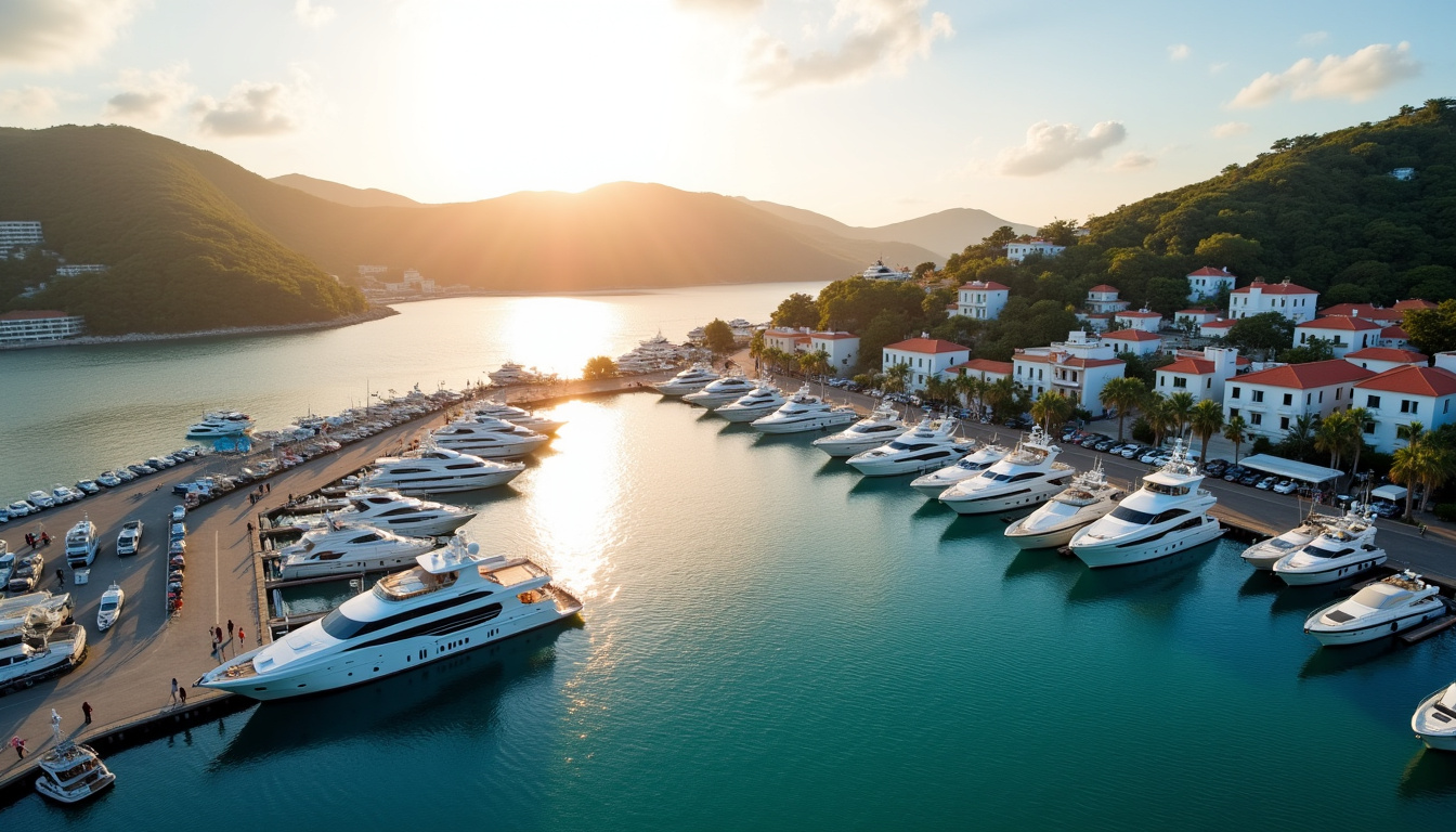 Vue plongeante sur le port de Gustavia avec yachts et vue sur la rade
