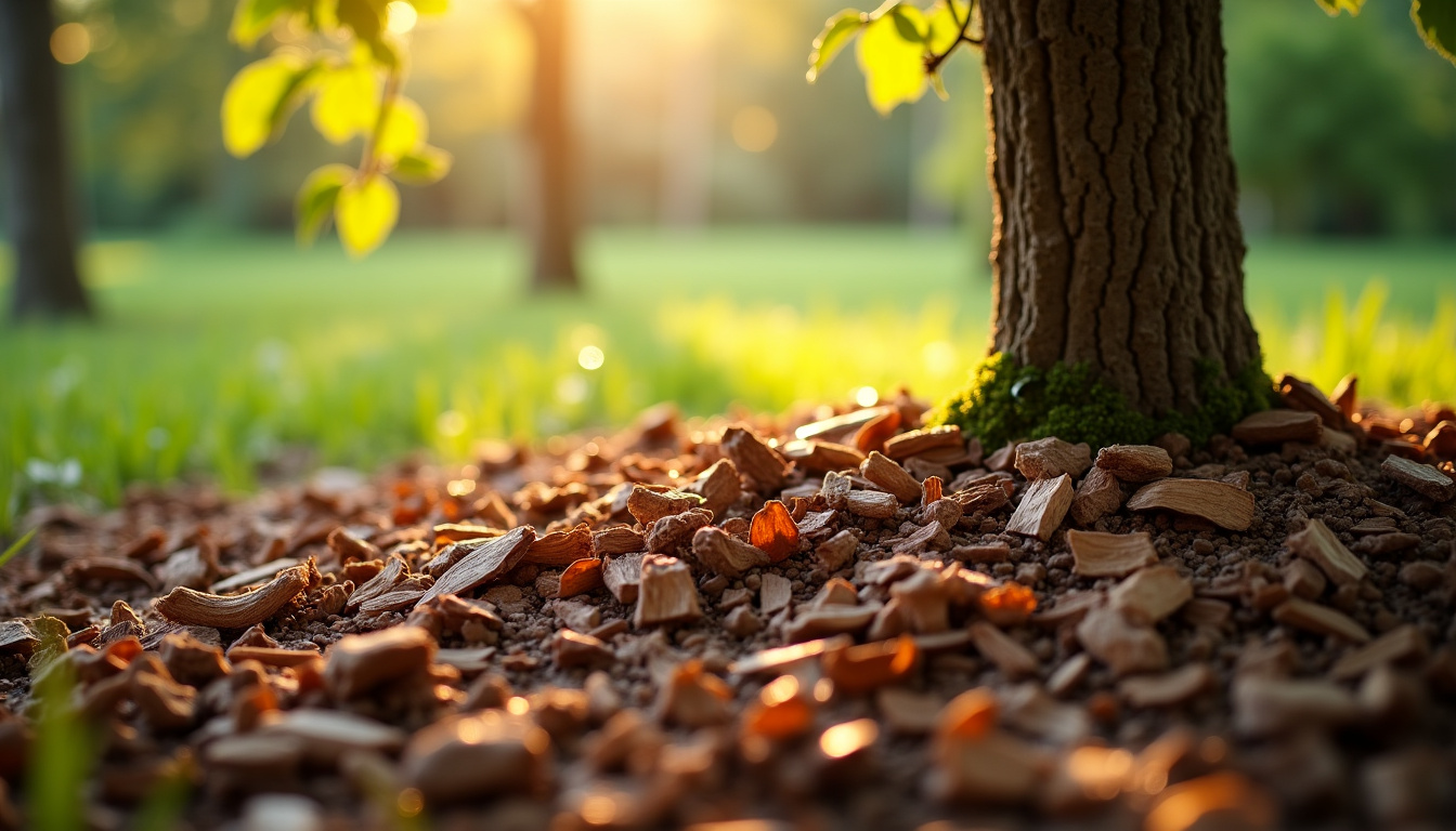 Application du broyat comme paillage autour des arbres et arbustes
