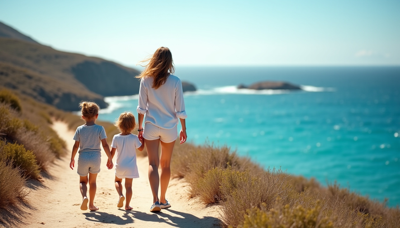 Chloé B. en balade avec ses enfants sur un sentier côtier de Saint-Barth, sous un ciel clair