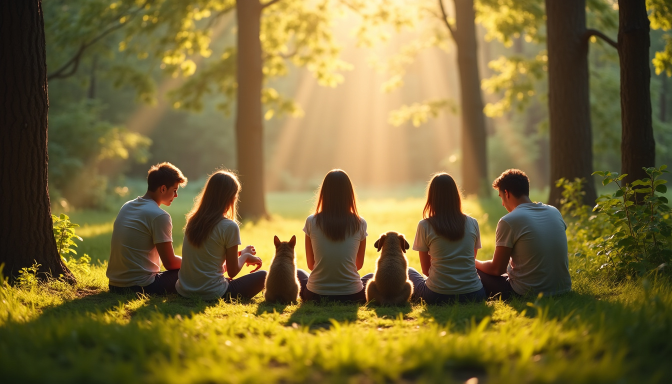 Groupe de personnes en formation à la communication animale, assises en cercle avec des animaux