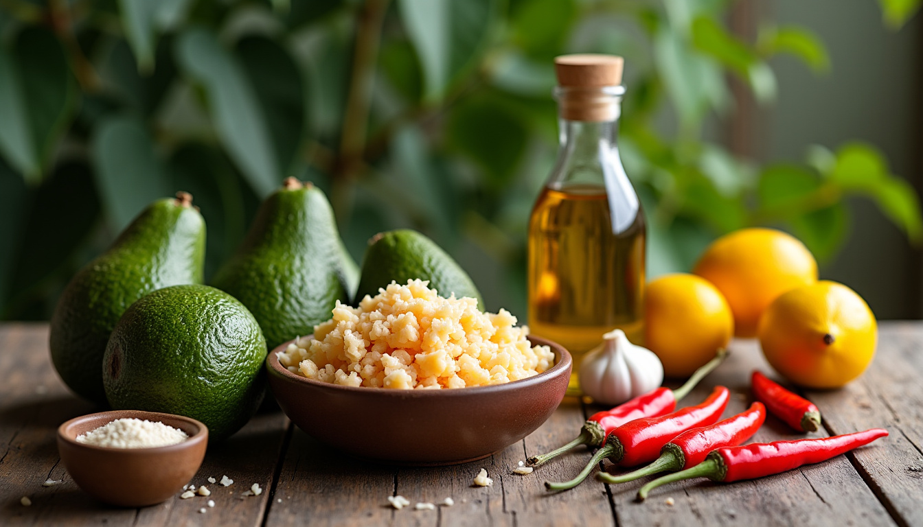 Ingrédients nécessaires pour préparer un authentique féroce d’avocat: avocats, morue, ail, piment, citron, huile d’olive, farine de manioc