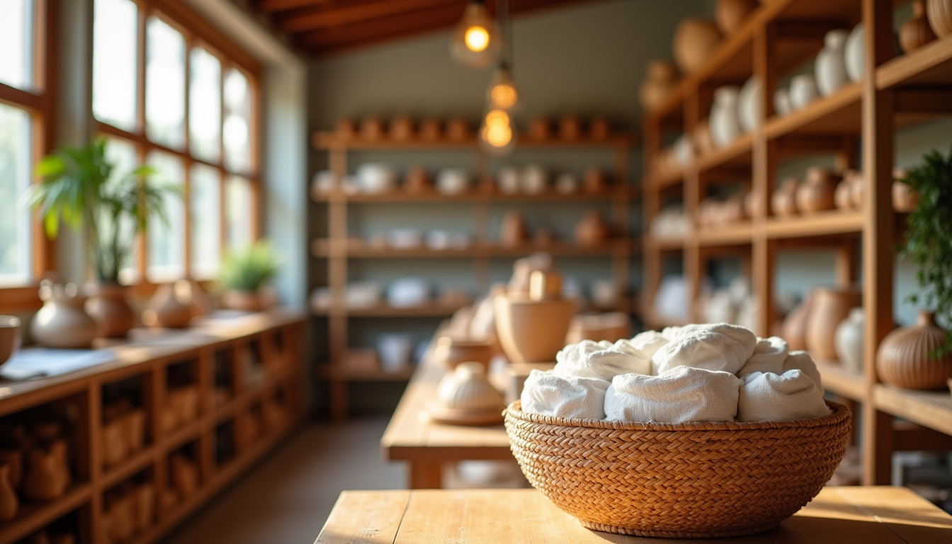 Intérieur de la boutique Coccoloba – Artisans Créateurs à Nouméa, montrant des étagères remplies de poteries, textiles, bijoux et savons artisanaux locaux