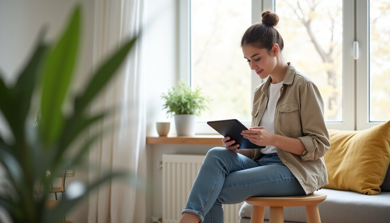 Jeune locataire consultant une tablette pour accéder à l