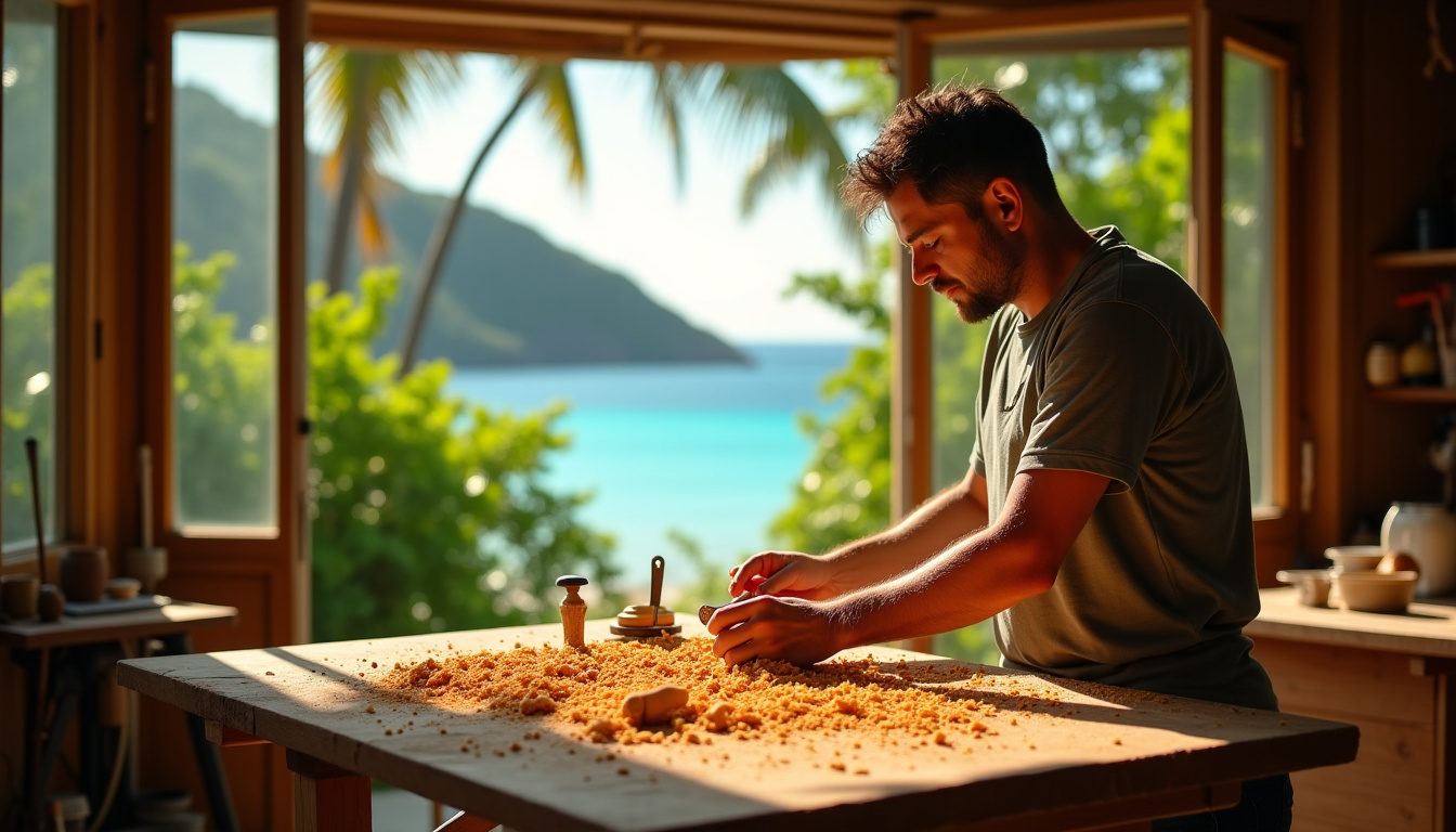 Mathieu Rouzeyre en train de travailler son bois dans son atelier à Saint-Barth