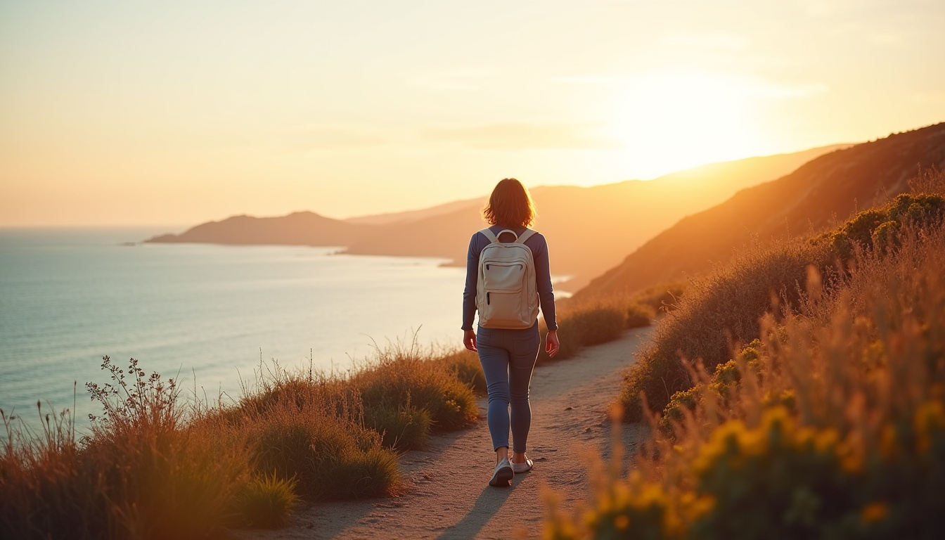 Personne marchant lentement sur un chemin côtier, sac à dos léger, regard tourné vers l