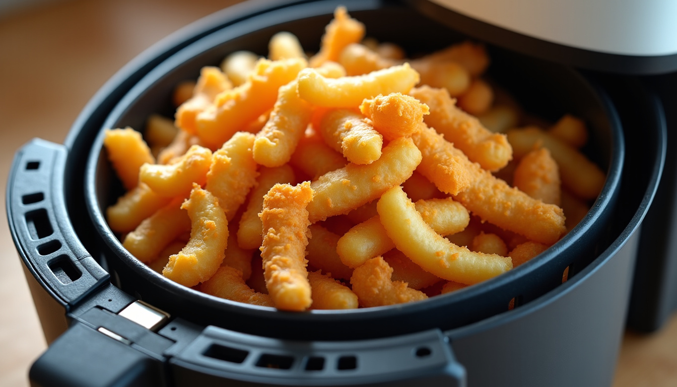 Photo illustrant une erreur courante: un panier de friteuse à air trop rempli, empêchant la bonne circulation de l