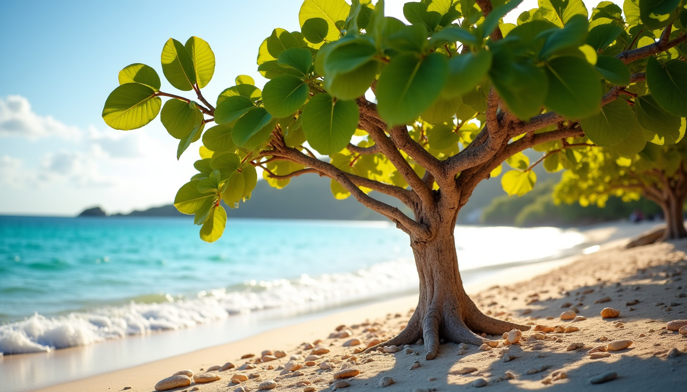 Plante de Coccoloba uvifera en bord de plage à Saint-Barthélemy, résistante aux vents marins