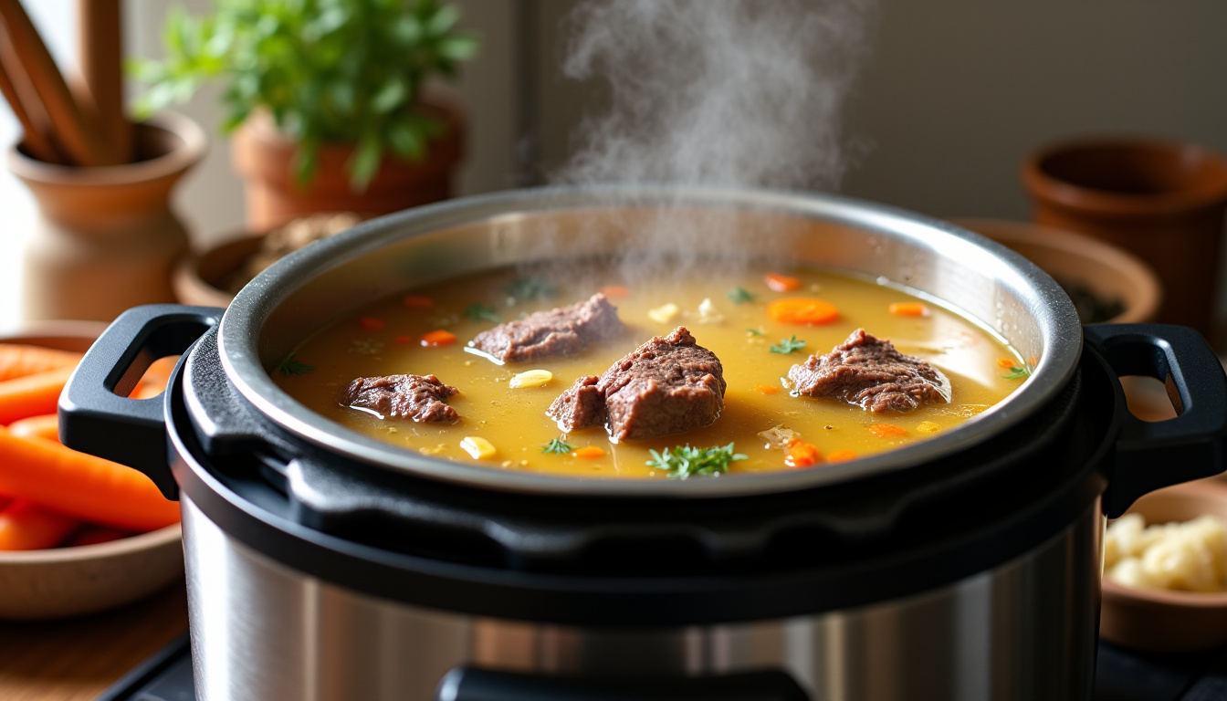 Pot-au-feu mijotant dans une cocotte-minute ouverte sur la plaque de cuisson