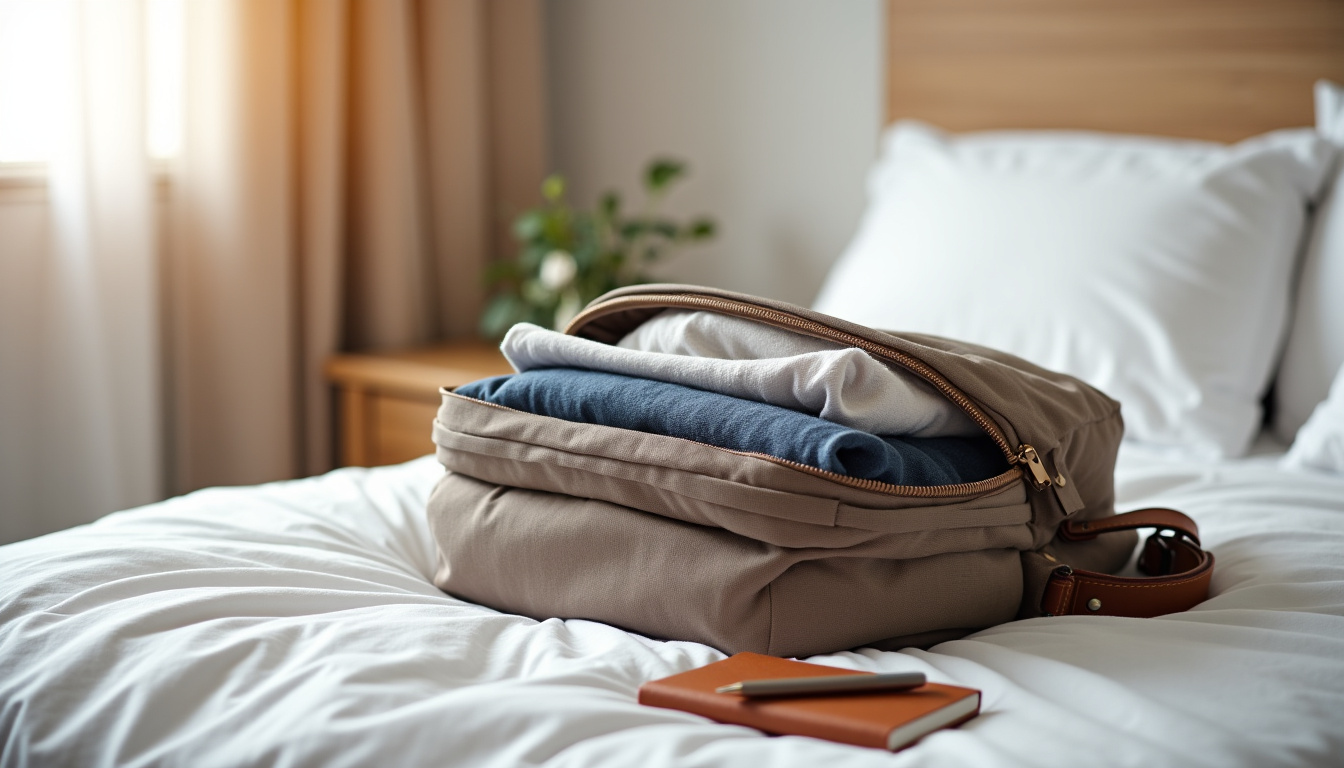 Sac de voyage ouvert posé sur un lit, avec quelques vêtements soigneusement pliés et un carnet de notes à côté
