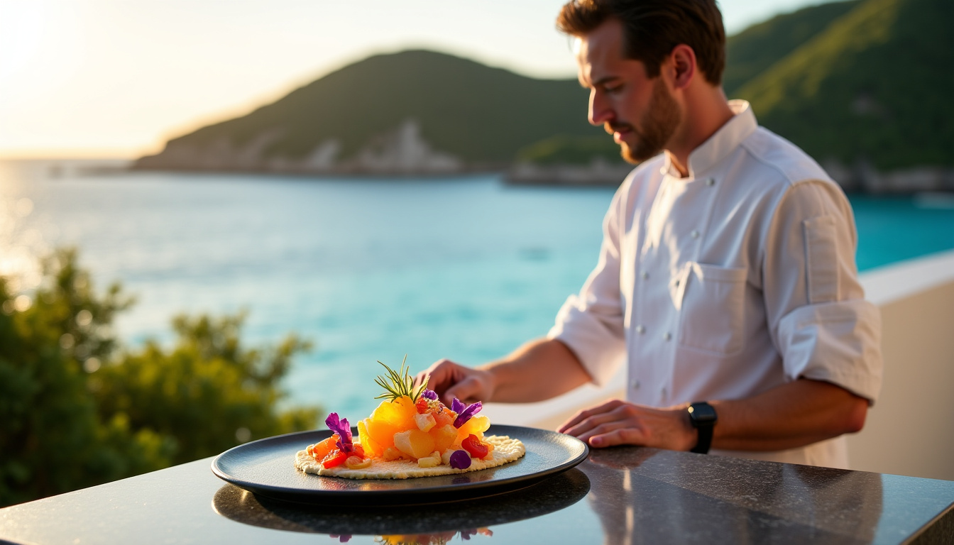 Simon Pacary en train de présenter un dessert à L’Ocean Club à Saint-Barth