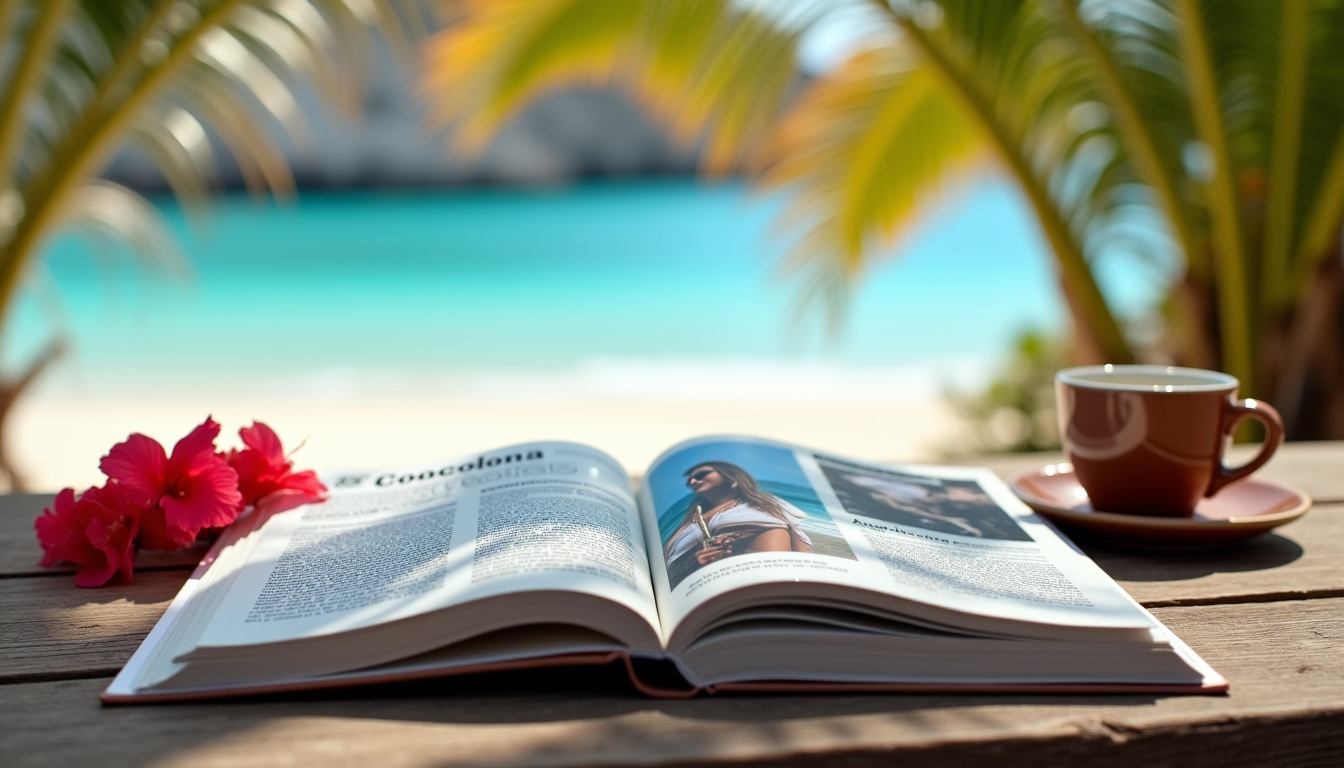 Un exemplaire du magazine Coccoloba ouvert sur un article consacré à une artiste locale, posé sur une table en bois à Saint-Barthélemy