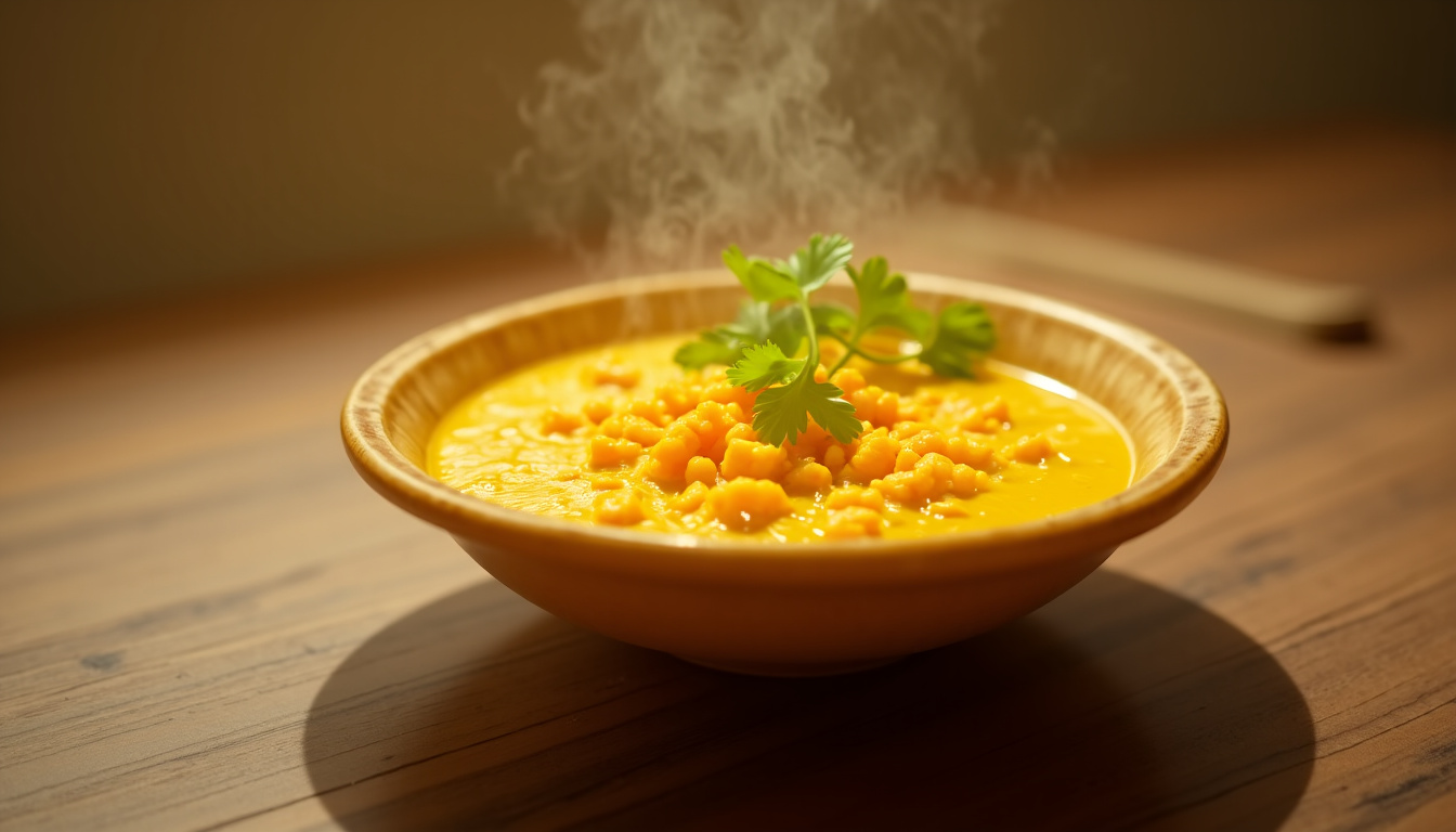 Assiette de dahl khi chadi servie avec topping croquant et coriandre fraîche