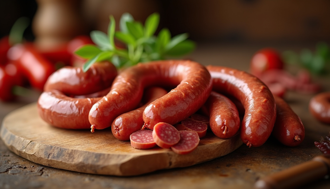 Assortiment de saucisses piquantes italiennes et calabraises sur une planche en bois