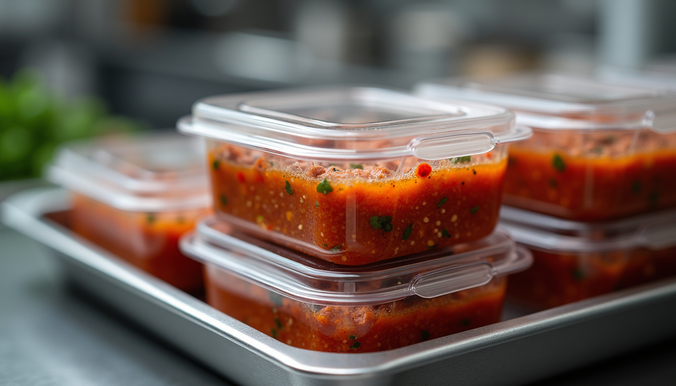Bacs de conservation contenant de la sauce à la chair de saucisse piquante prêts à être congelés