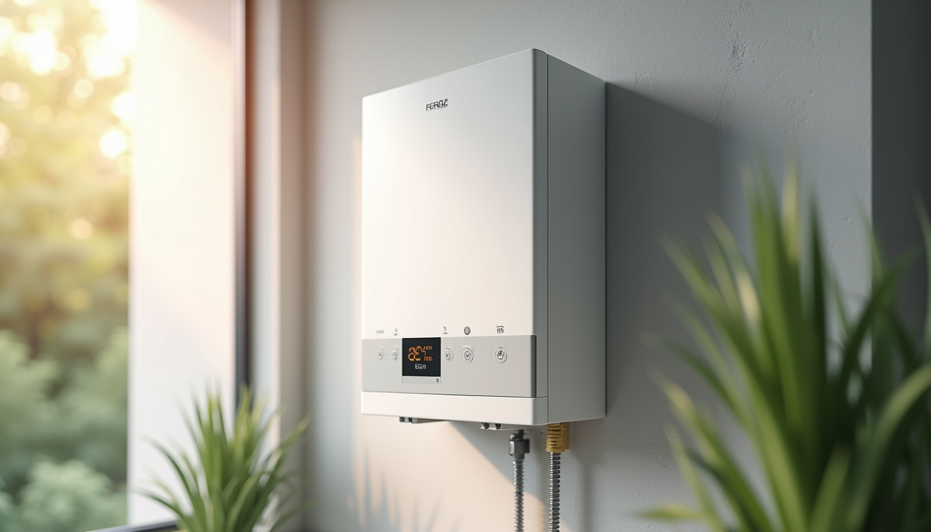 Chauffe-eau au gaz avec indicateur de consommation et de biogaz, illustrant une solution énergétique durable