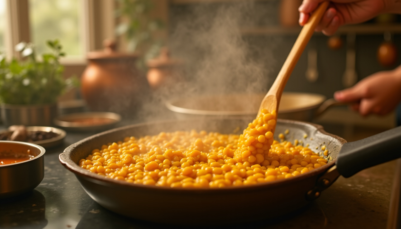 Cuisinier en train de mélanger le dahl khi chadi dans une poêle avec une spatule en bois