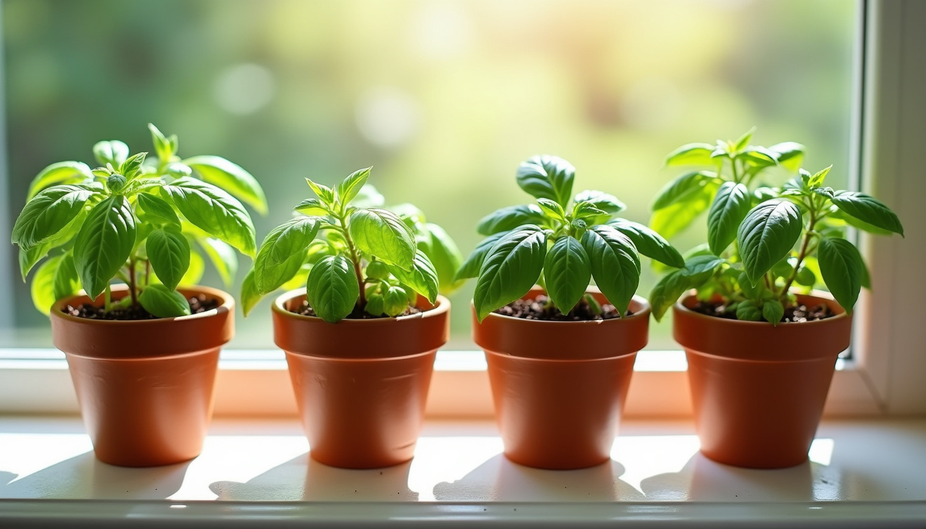Différentes variétés de basilic en pot: vert, pourpre, citron et thaï