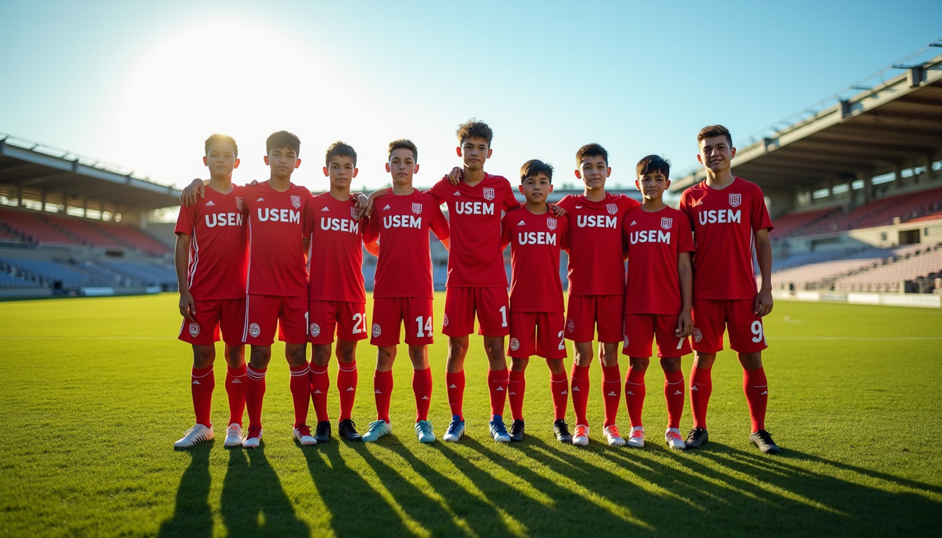 Équipe de jeunes joueurs de l’USEM en tenue officielle sur le terrain du stade Maurice Rousson
