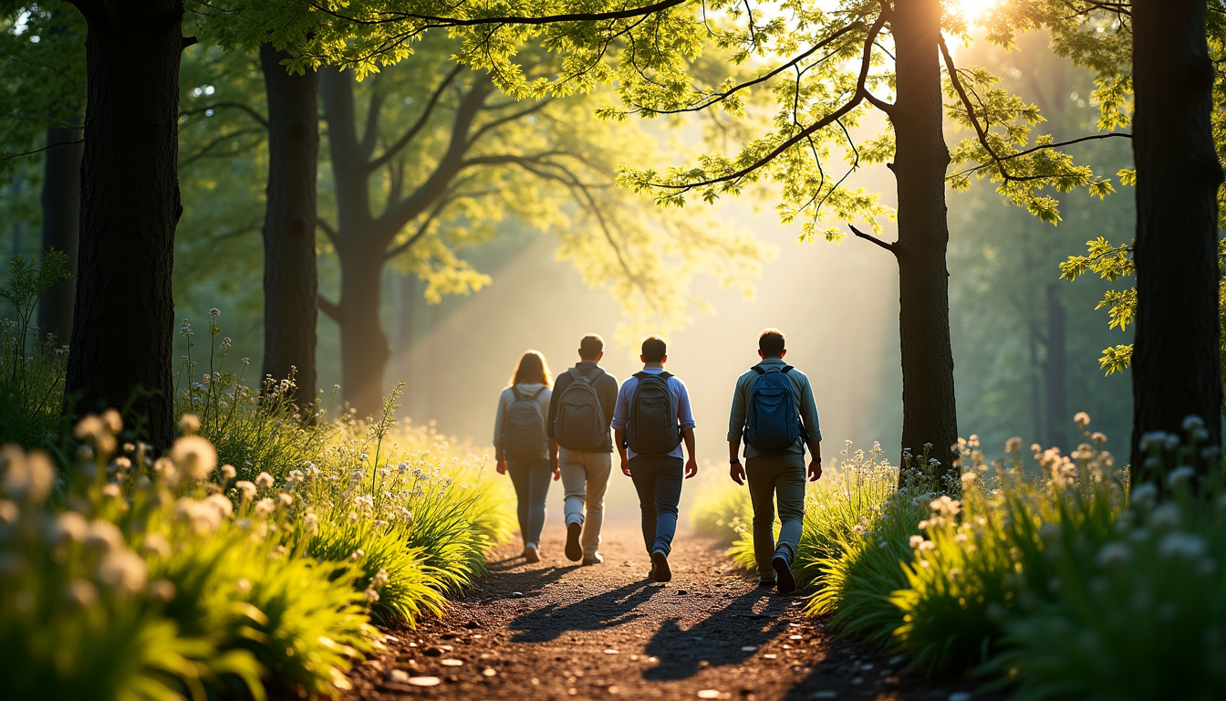 Groupe de pèlerins marchant sur un chemin ombragé en forêt, au printemps, avec des sacs à dos
