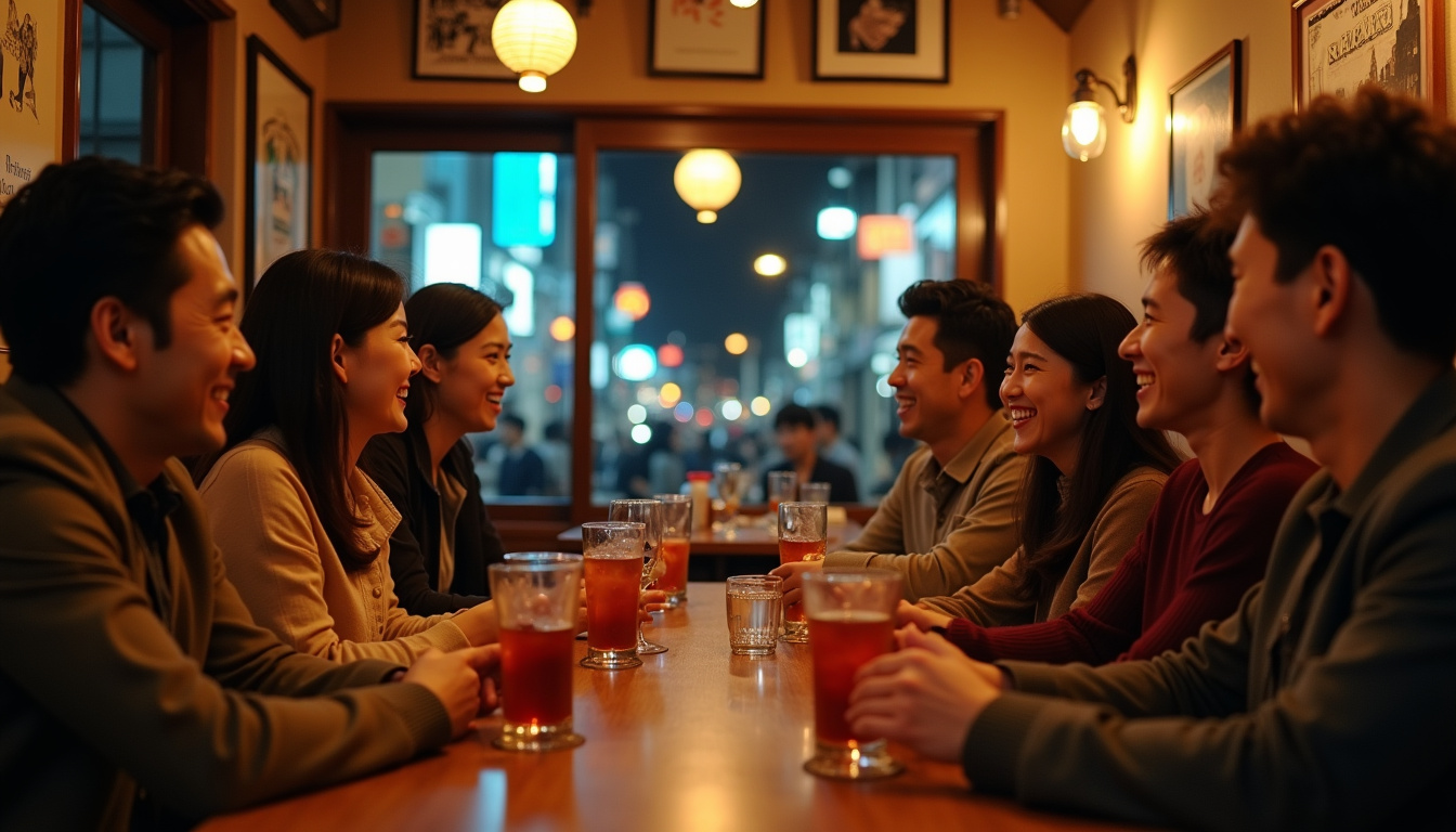 Groupe multiculturel au Bonjour Tokyo Bar, Français et Japonais en pleine discussion conviviale