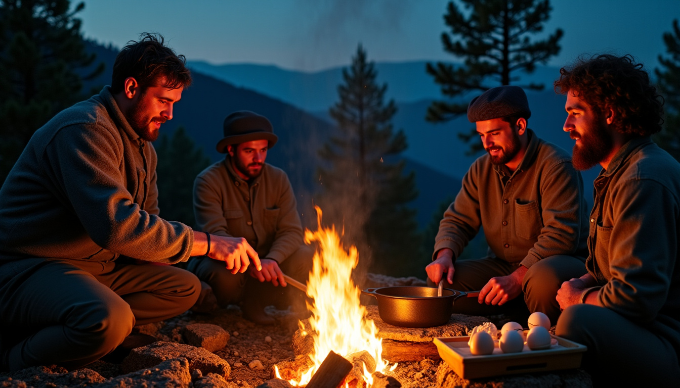 Illustration historique des charbonniers italiens préparant des pâtes sur un feu de camp, dans les montagnes du Latium
