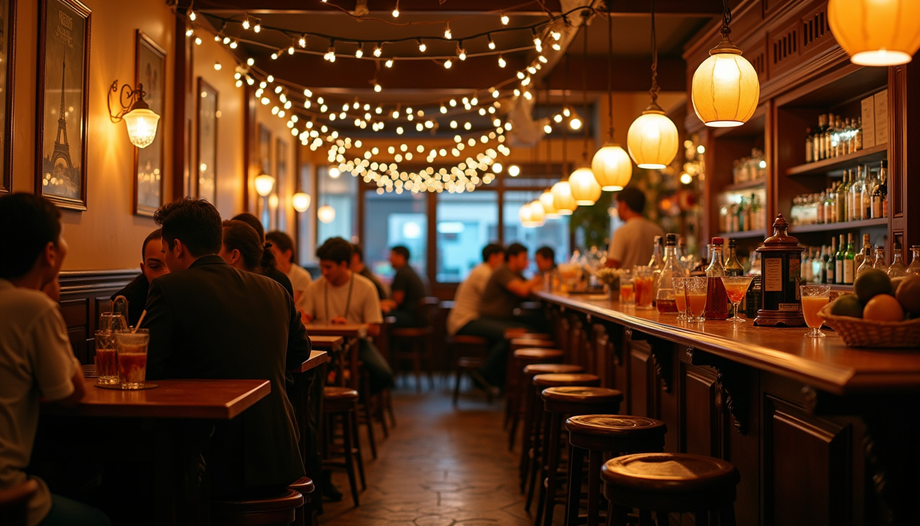 Intérieur du Bonjour Tokyo Bar, ambiance chaleureuse avec guirlandes, affiches parisiennes et clients en conversation