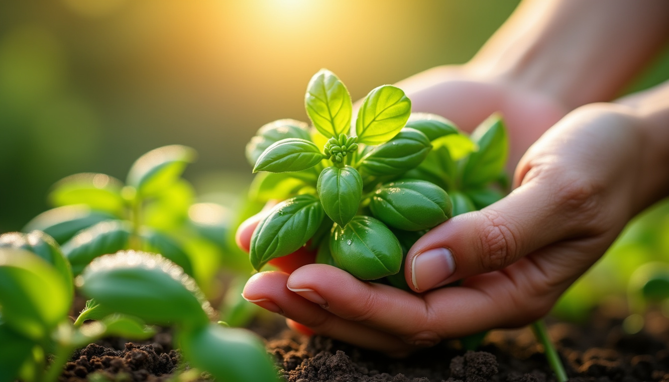 Main récoltant des tiges de basilic frais dans un potager
