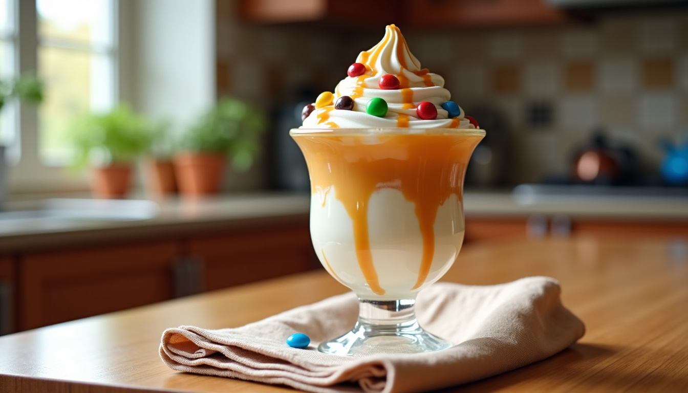 McFlurry maison servi dans un verre transparent avec topping de M&M’s et nappage au caramel