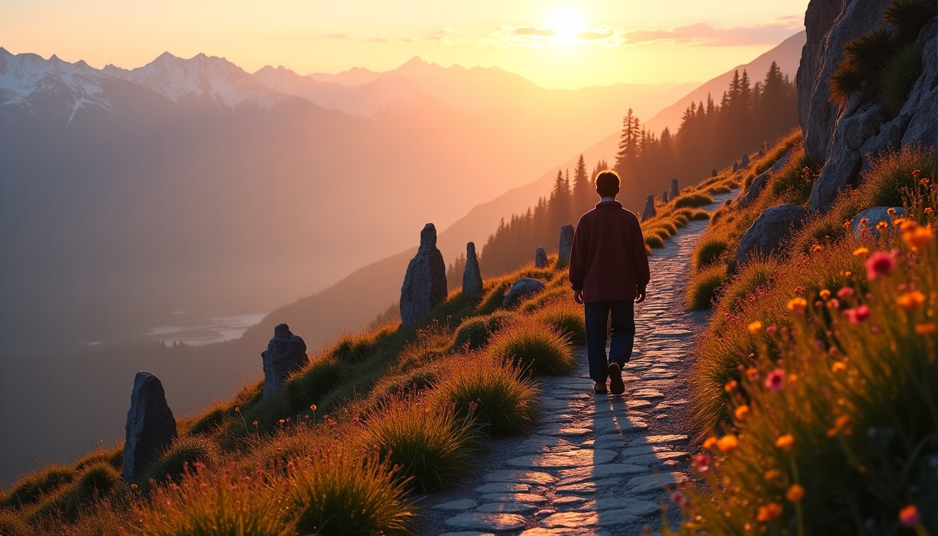 Pèlerin marchant sur un sentier montagneux bordé d