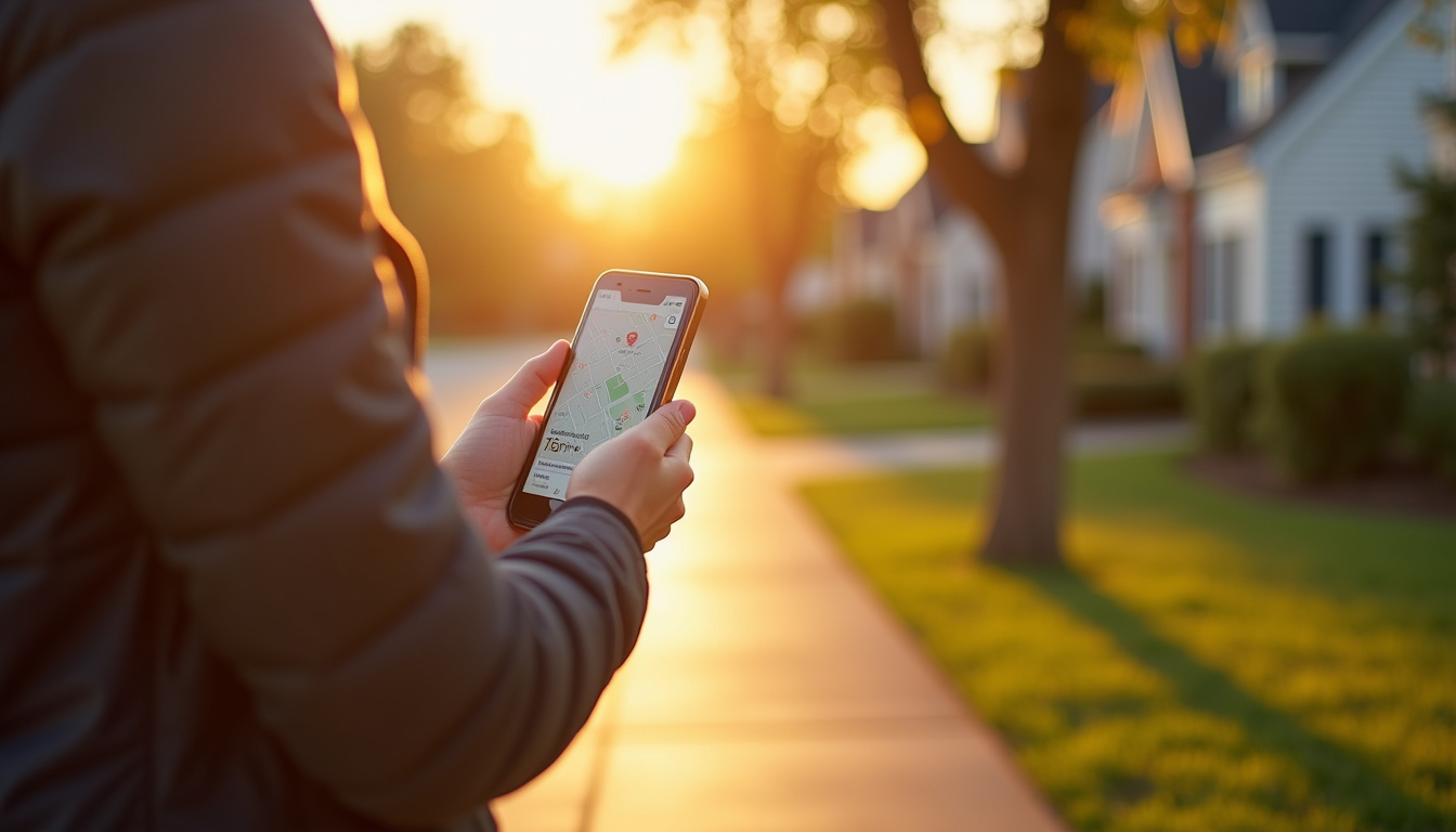 Personne utilisant son smartphone pour chercher une maison à vendre autour de sa localisation actuelle