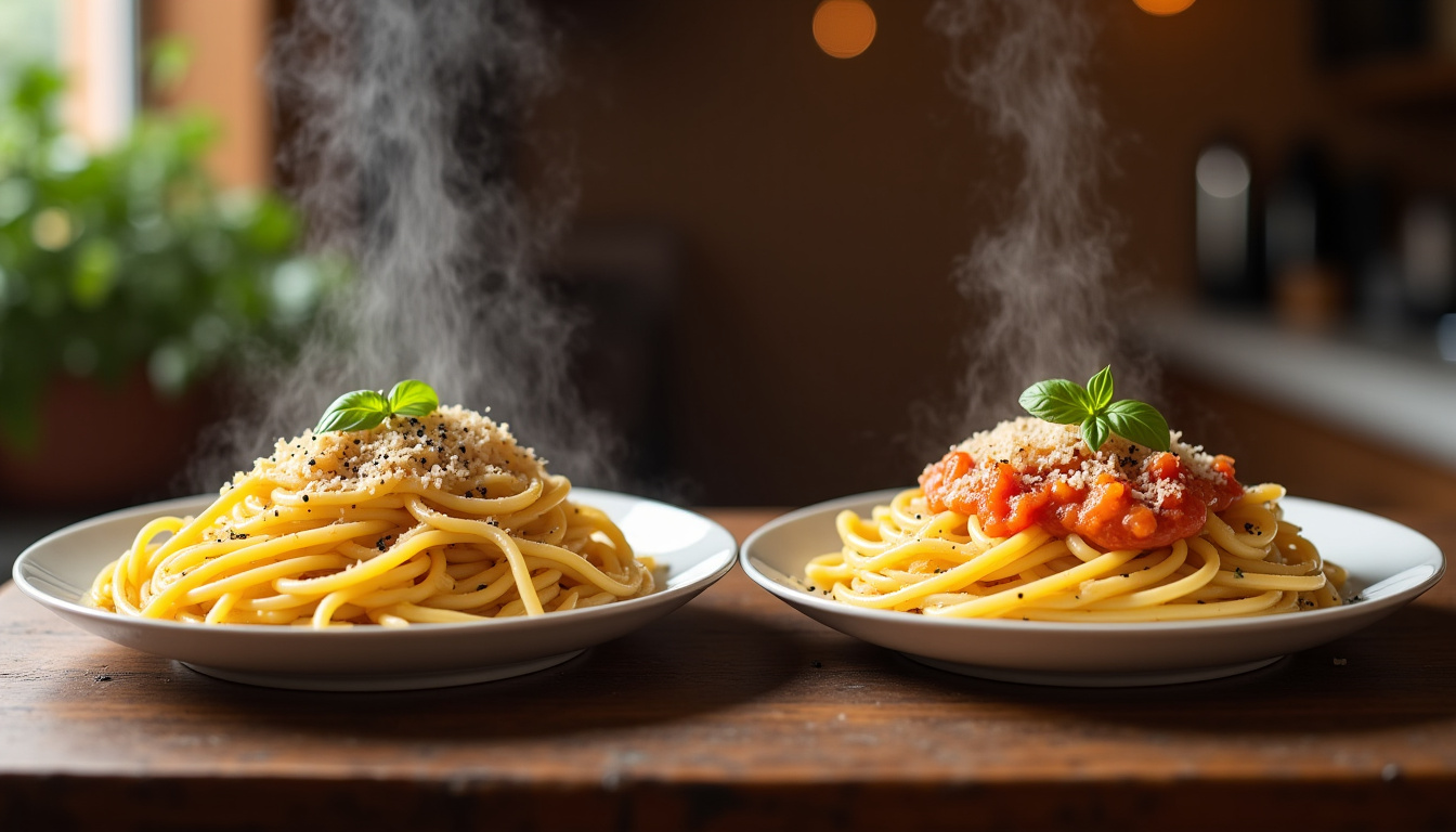 Photographie comparant une carbonara traditionnelle réussie et une version avec crème, oignon et sauce tomate
